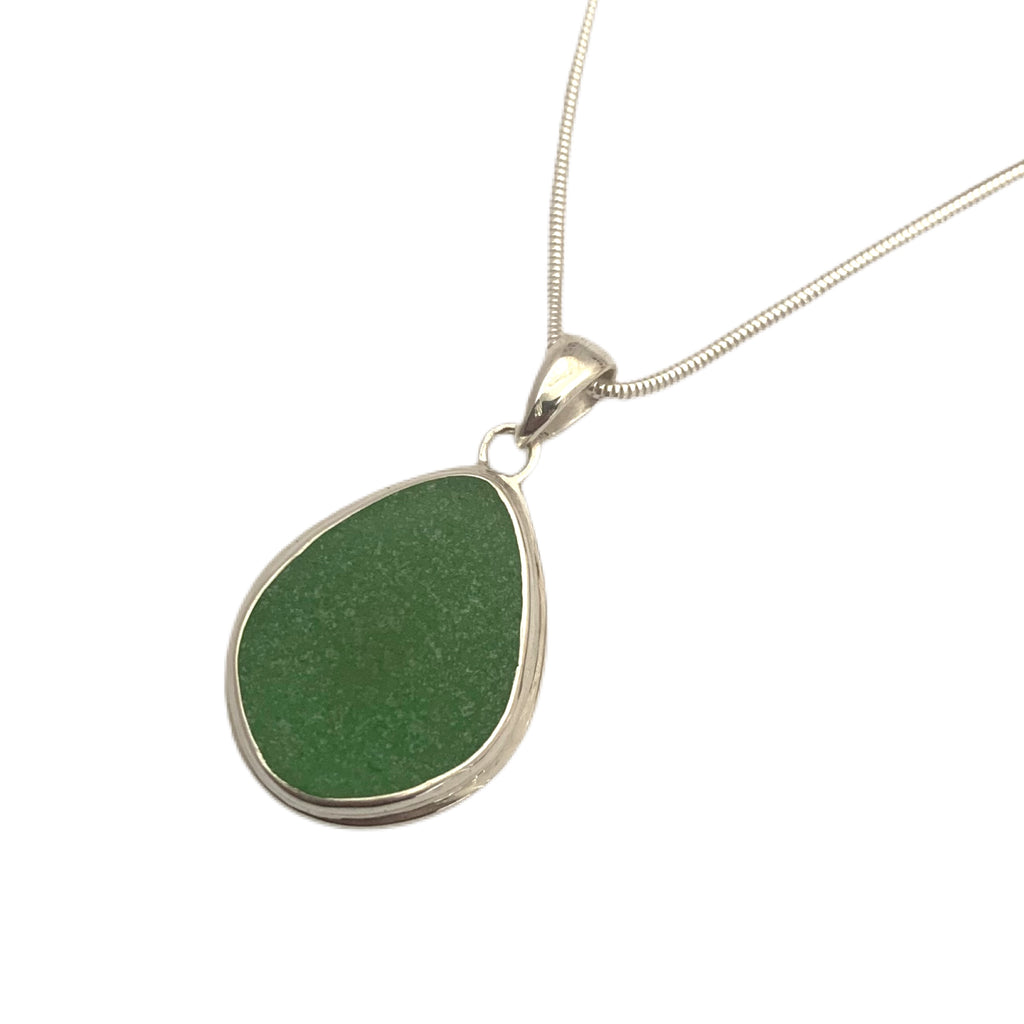 Green Sea Glass Pendant with Heavy Rim on Silver Chain