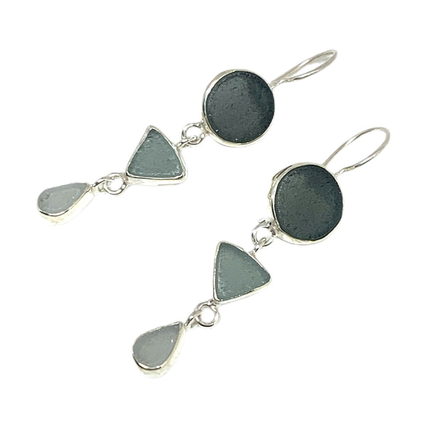 Shades of Gray Multi Shape Sea Glass Triple Drop Earrings