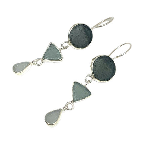 Shades of Gray Multi Shape Sea Glass Triple Drop Earrings
