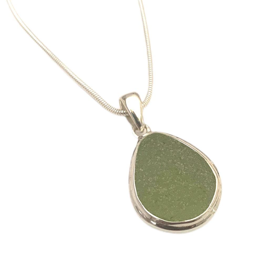 Sage Green Sea Glass Pendant with Heavy Rim on Silver Chain