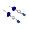 Shades of Blue Natural Shaped Sea Glass & Pearl Triple Drop Earrings
