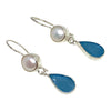 Dark Teal Blue Sea Glass with Pearl Earrings Double Drop Earrings