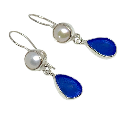 Natural Shape Textured Cobalt Blue Sea Glass with Pearl Earrings Double Drop Earrings
