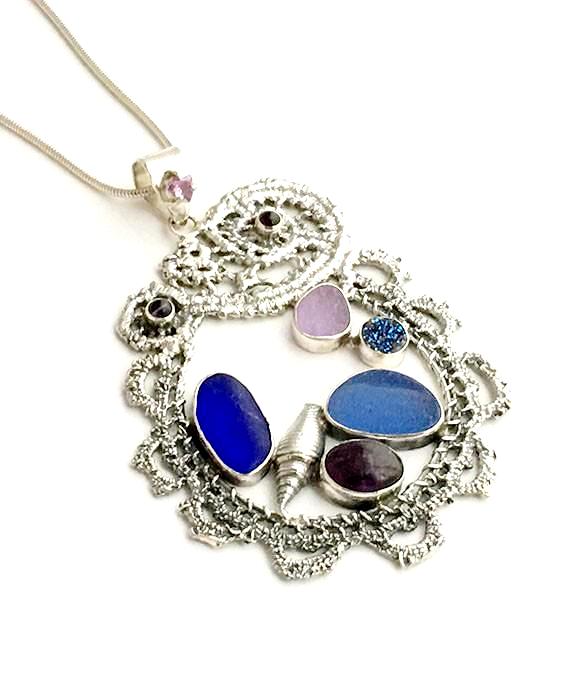 Cast Lace, Shell, Cobalt and Purple Sea Glass and Amethyst Stones Pendant