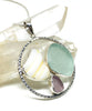 Textured Opaque White, Aqua & Lavender Sea Glass Hoop Pendant on Sterling Chain