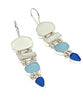 Clear, Aqua & Textured Blue Sea Glass with Mother of Pearl Stacked Earrings