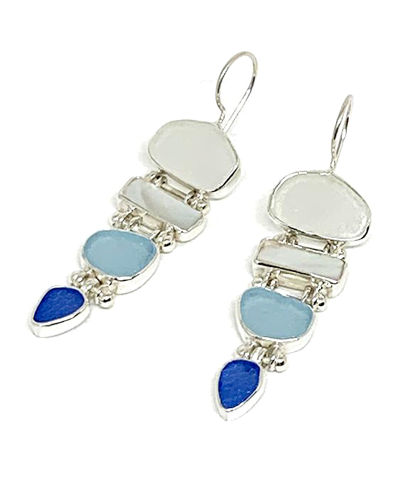 Clear, Aqua & Textured Blue Sea Glass with Mother of Pearl Stacked Earrings