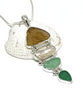 Textured Dark Amber, Aqua & Green Sea Glass with Pearl 4 Piece Stacked Pendant