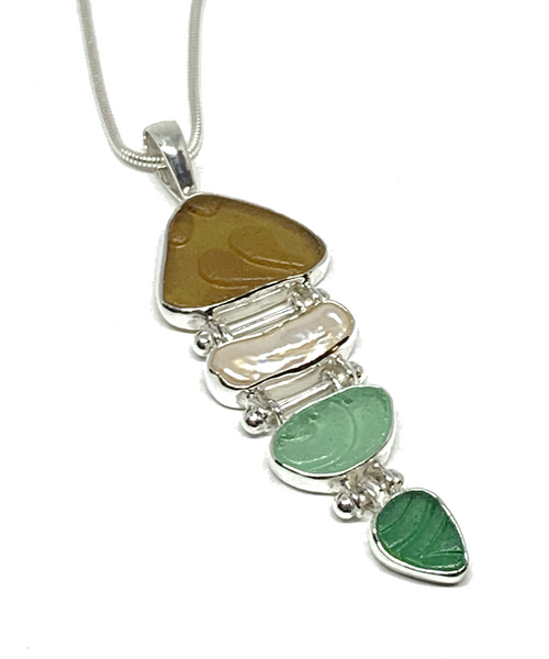 Textured Dark Amber, Aqua & Green Sea Glass with Pearl 4 Piece Stacked Pendant
