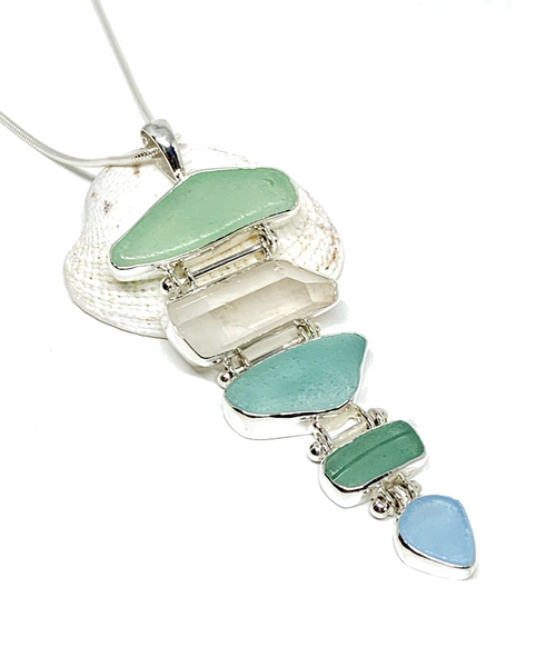 Shades of Aqua Sea Glass with Quartz Crystal 5 Piece Stacked Pendant