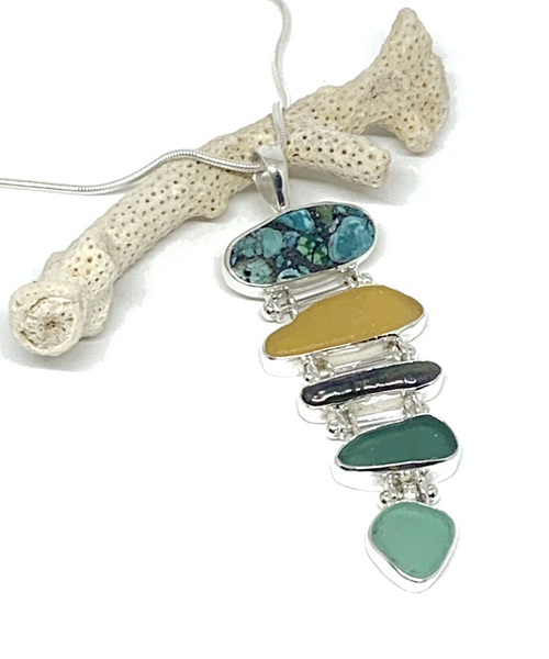 Earth Tone Sea Glass with Black Pearl & Turquoise Stacked Pendant