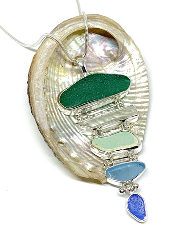 Green, Aqua & Blue Sea Glass and Sea Pottery with Quartz Crystal 5 Piece Stacked Pendant
