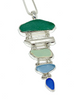 Green, Aqua & Blue Sea Glass and Sea Pottery with Quartz Crystal 5 Piece Stacked Pendant