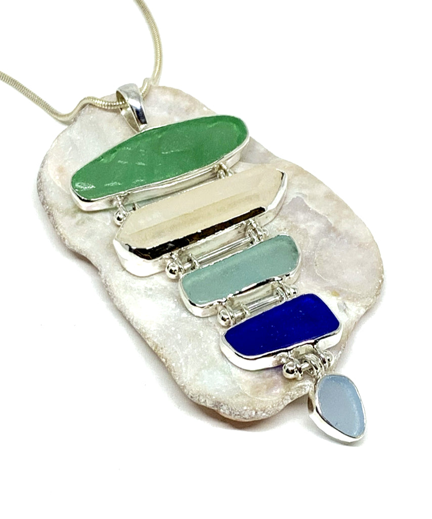Textured Green, Aqua & Blue with Quartz Crystal 5 Piece Stacked Pendant