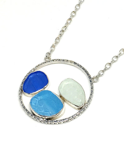 Textured Cobalt, Aqua and Clear Sea Glass Hoop Necklace