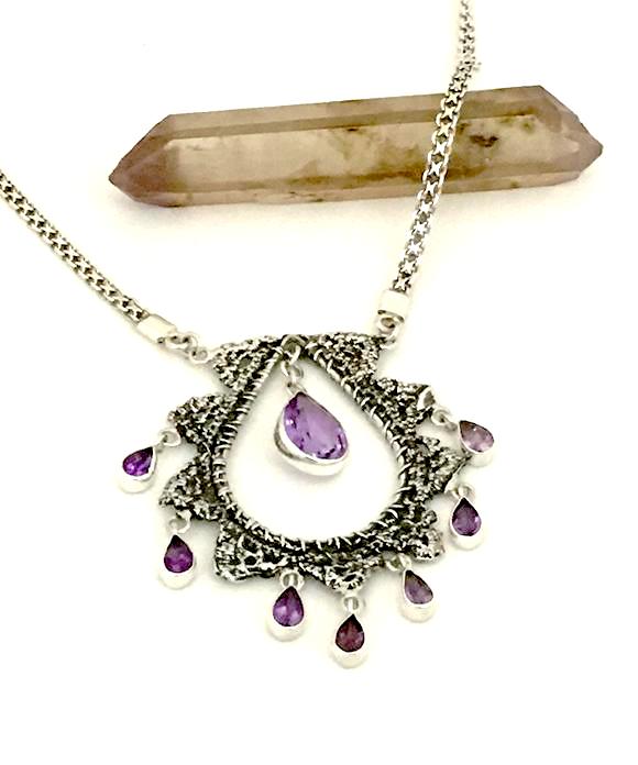 Antique Lace Cast in Sterling Silver with Faceted Amethyst Charm Necklace