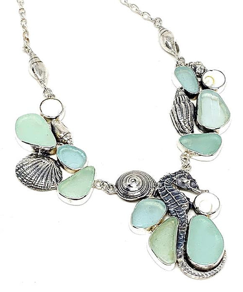Aqua Sea Glass, Cast Sea Horse and Shells Cluster Necklace