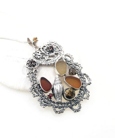 Cast Lace, Shell, Brown Sea Glass and Garnet Stones Pendant