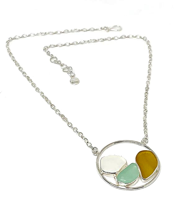 Clear, Aqua & Amber Sea Glass Hoop Necklace