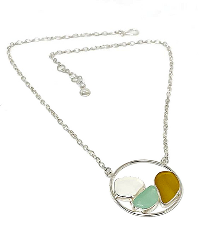 Clear, Aqua & Amber Sea Glass Hoop Necklace