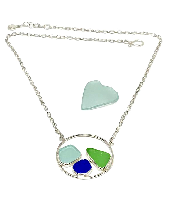 Aqua, Cobalt Blue and Green Sea Glass Hoop Necklace