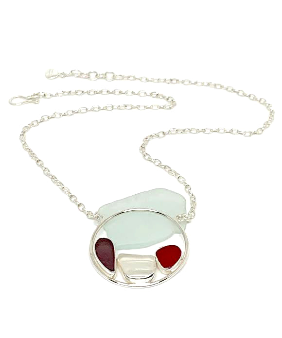 Dark Purple, Textured Clear & Red Sea Glass Hoop Necklace