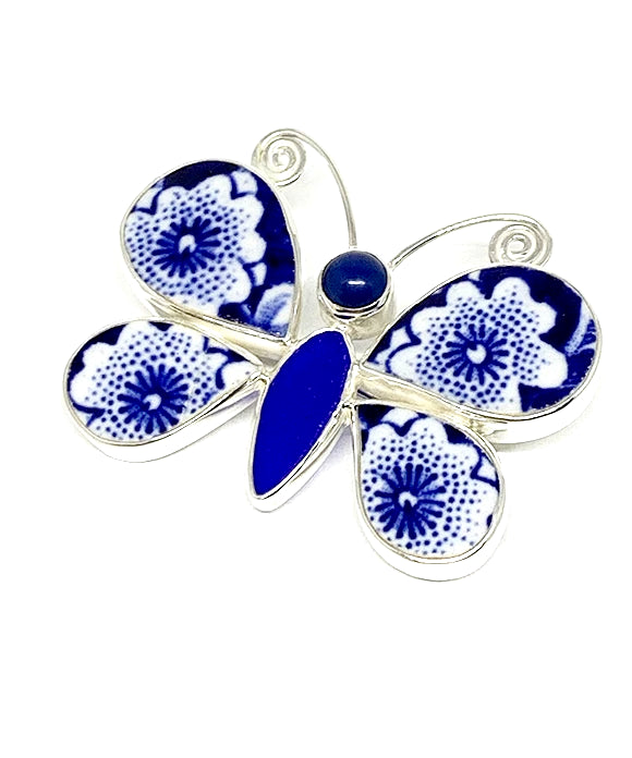 Butterfly Pin Blue & White Vintage Floral Pottery with Blue Sea Glass