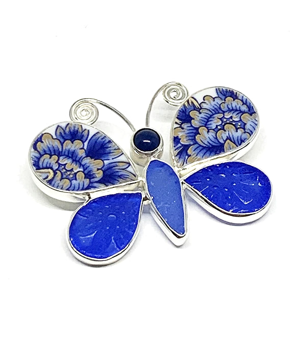 Butterfly Pin Blue & Gold Vintage Floral Pottery with Textured Blue Sea Glass
