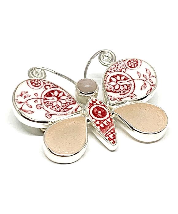 Red & White Floral Vintage Pottery with & Pink Sea Glass Butterfly Pin