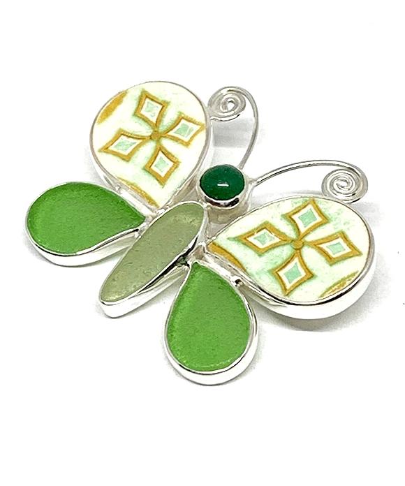 Butterfly Pin Green & Gold Patterned Vintage Pottery with Shades of Green Sea Glass