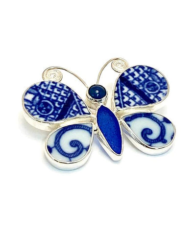 Butterfly Pin Blue and White Patterned Vintage Pottery with Cobalt Sea Glass