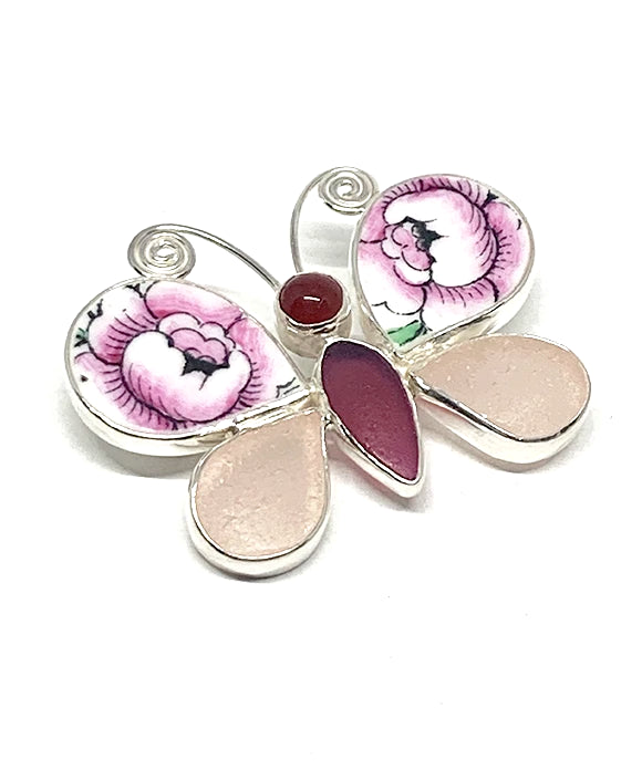 Butterfly Pin with Pink Floral Vintage Pottery with Red & Pink Sea Glass