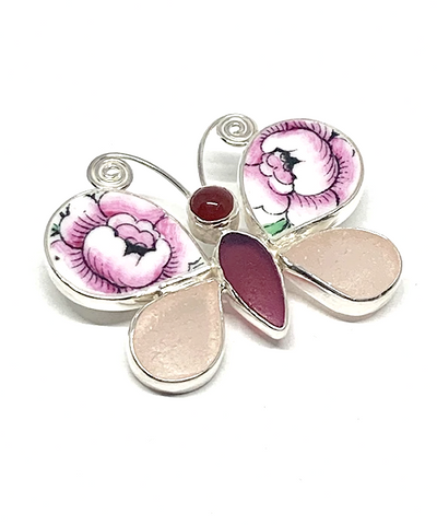 Butterfly Pin with Pink Floral Vintage Pottery with Red & Pink Sea Glass