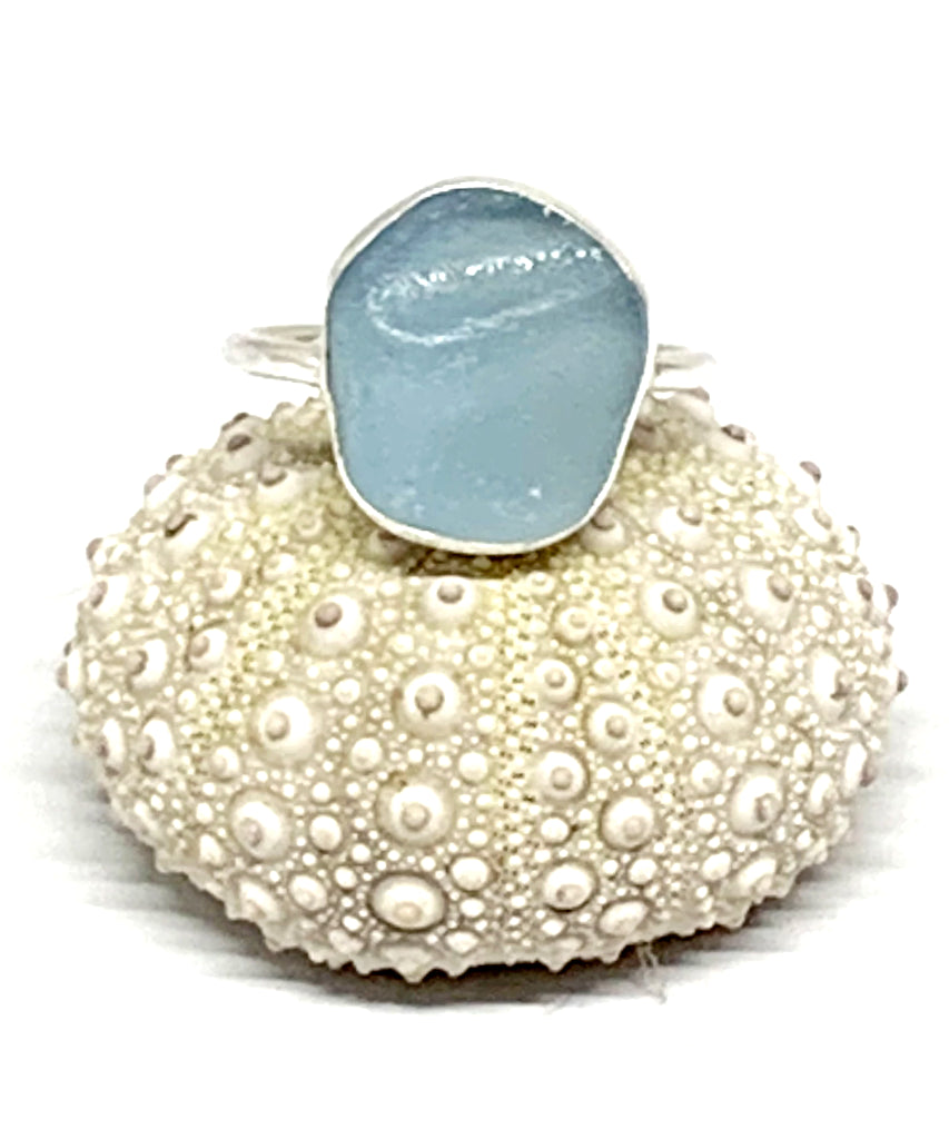 Textured Light Aqua Sea Glass Ring - Size 10
