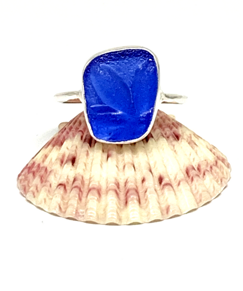 Flower Textured Blue Sea Glass Ring - Size 10
