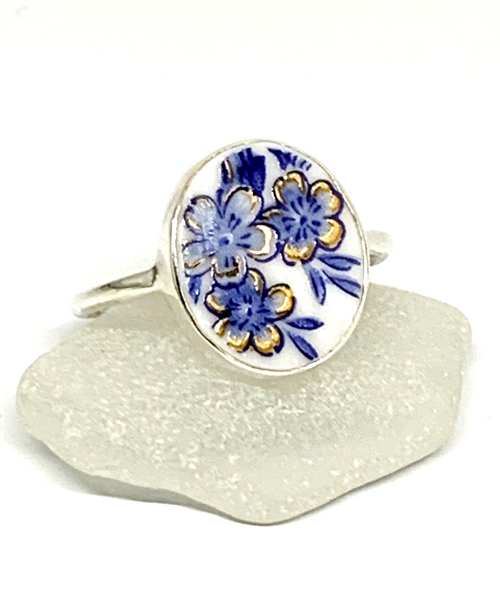 Blue and Gold Flower Vintage Pottery Oval 
