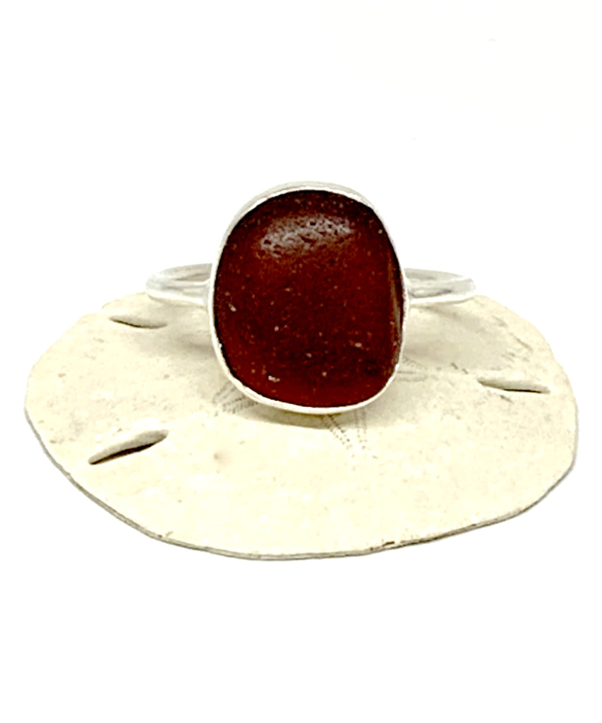 Rich Dark Bown Sea Glass Ring - Size 10