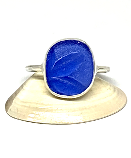 Leaf Pattern Blue Sea Glass Ring - Size 10