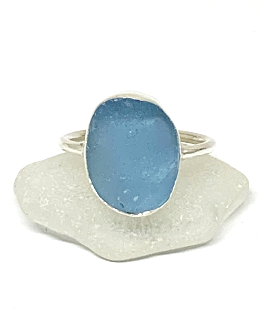 Big Bright Textured Aqua Sea Glass Ring - Size 10