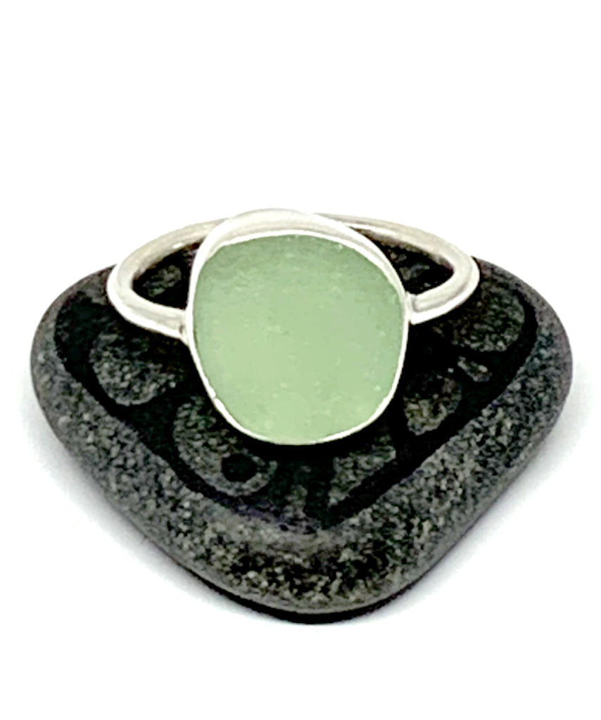 Soft Sage Green Sea Glass Ring - Size 10