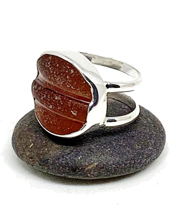 Brown Textured Sea Glass Double Band Unisex Ring - Size 7