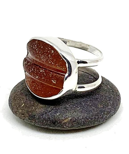 Brown Textured Sea Glass Double Band Unisex Ring - Size 7