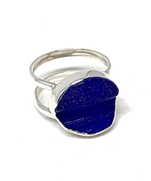 Cobalt Blue Textured Sea Glass Double Band Unisex Ring - Size 6.5