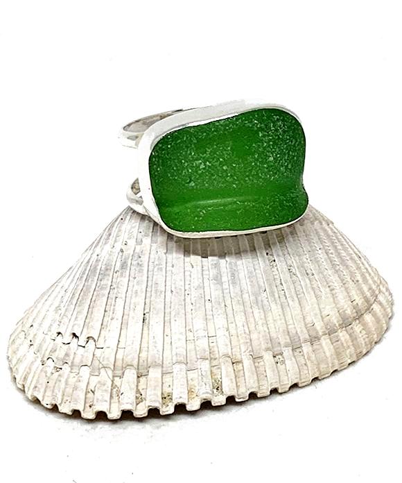 Textured Green Sea Glass Double Band Unisex Ring - Size 9
