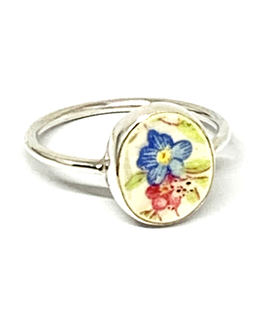 Blue & Pink Flowers Vintage Pottery Oval 