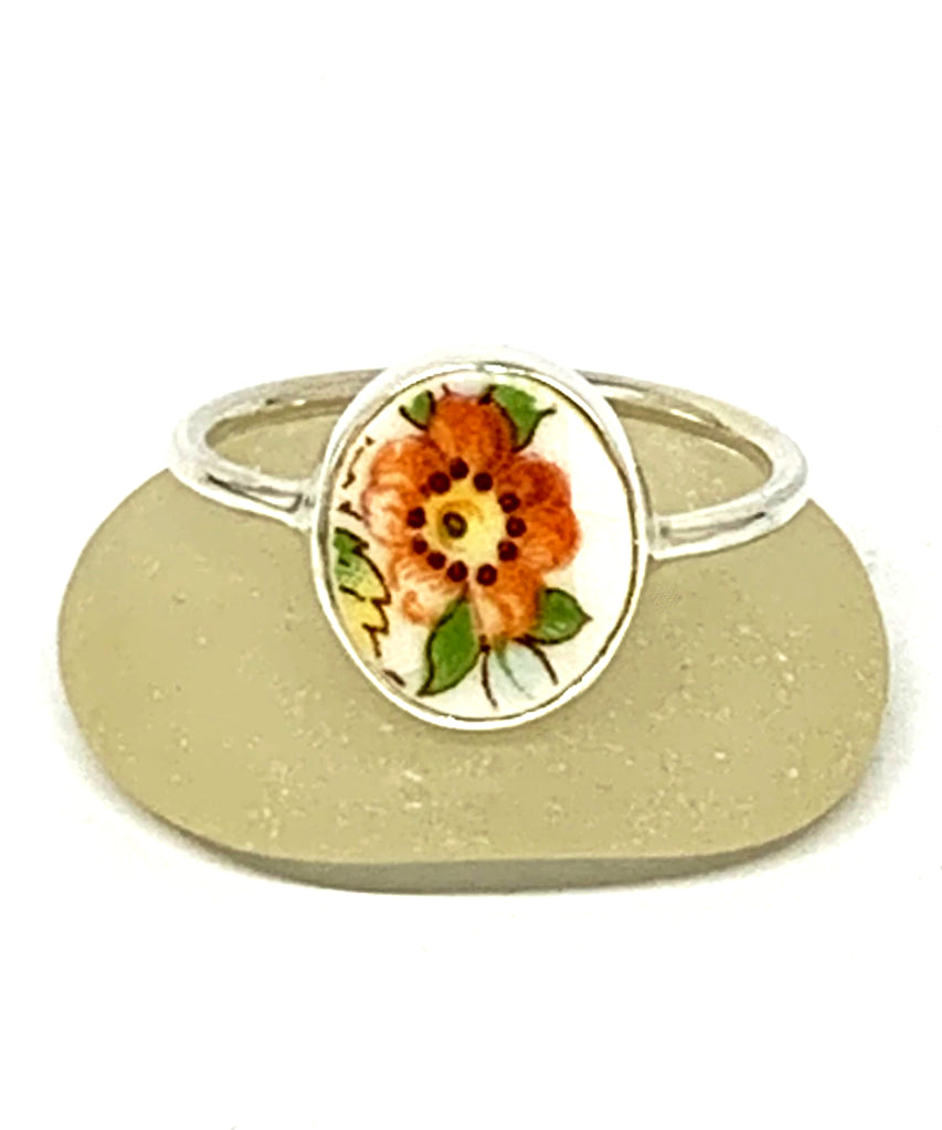 Orange & Yellow Flower Vintage Pottery Oval 