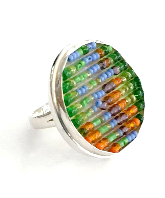 Green, Orange and Lavender Beaded Fused Glass Statement Ring - Size 8