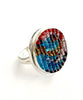Abstract Turquoise & Red Beaded Fused Glass Statement Ring - Size 8