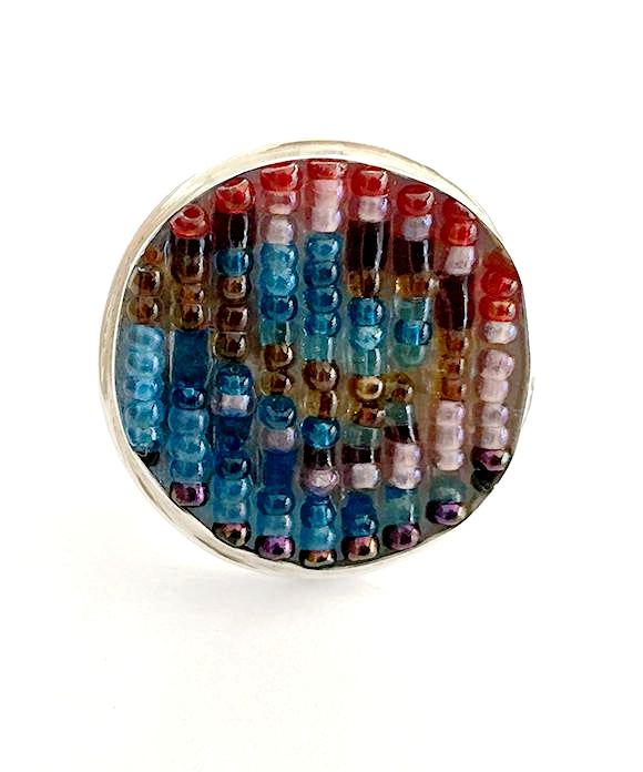 Abstract Turquoise & Red Beaded Fused Glass Statement Ring - Size 8