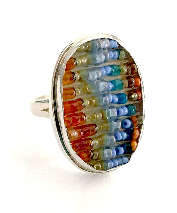 Abstract Red, Yellow and Lavender Beaded Fused Glass Ring - Size 6